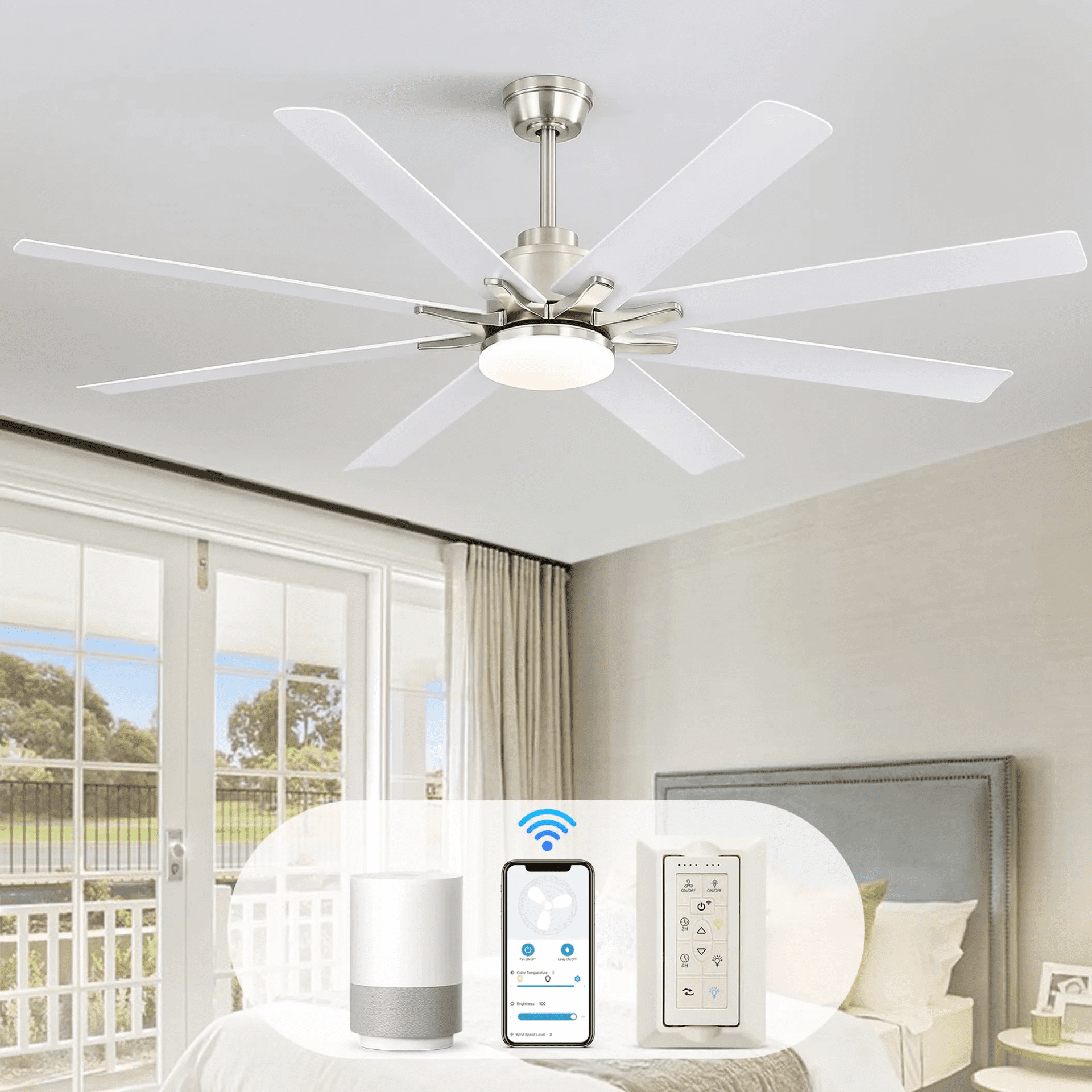 POPFAN 66 Inch ABS Ceiling Fan with Dimmable Light and Smart Remote Control 6 Speed Reversible Noiseless DC Motor for Indoor, Brushed Nickel & White