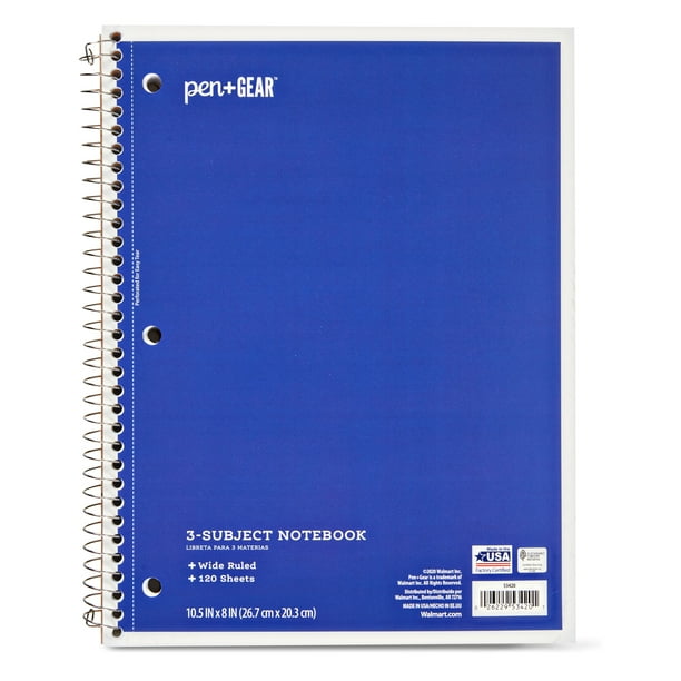 Pen + Gear 3-Subject Spiral Notebook, Wide Ruled, Blue, 120 Sheets ...