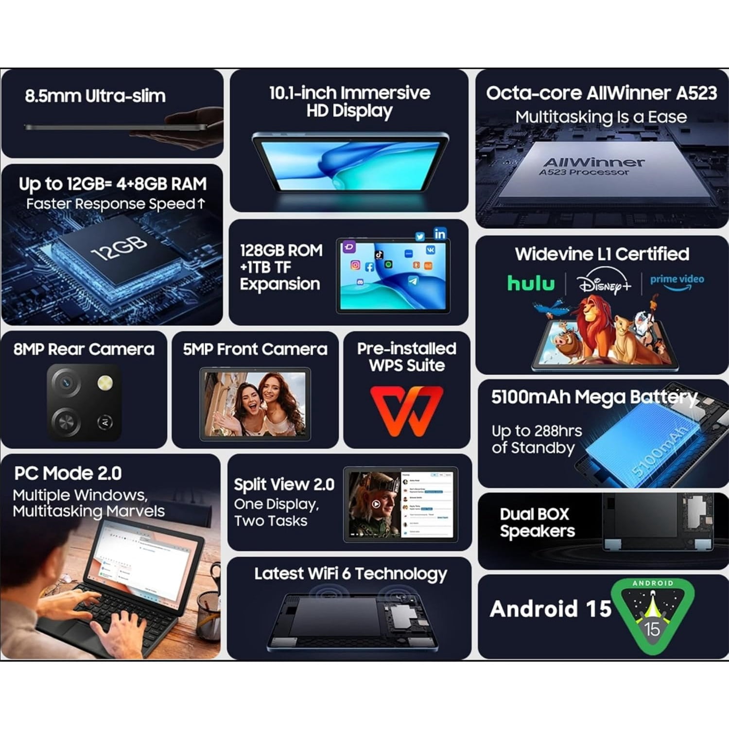 Blackview Tab 60 PRO Android 15 Tablet, 8GB 128GB, 10.1'' HD Display, 7700mAh Battery, Gray/Blue