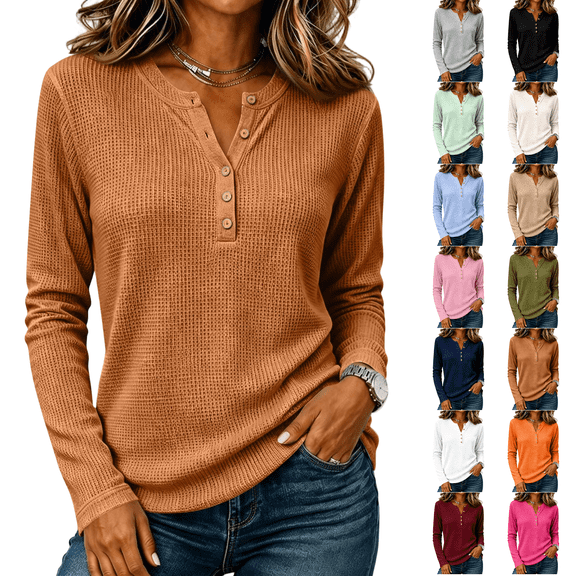 Women's Waffle Knit Henley Top Long Sleeve Shirts 2026 Fall Soft Lightweight Relaxed Button Up V Neck Dressy Casual Blouses