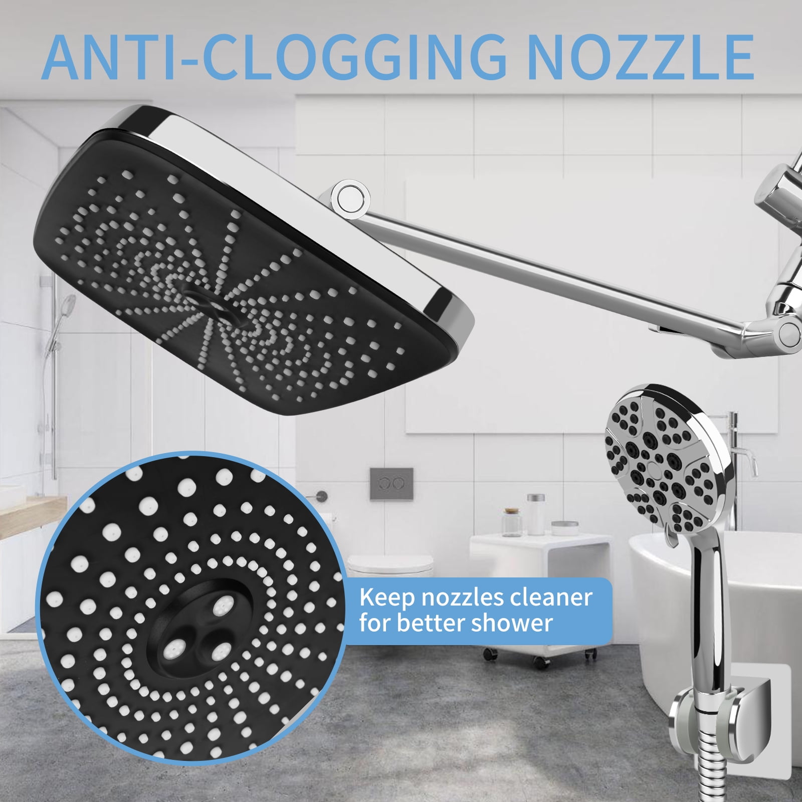 PHANCIR 12" High-Pressure Rain Shower Head Set with  11" Adjustable Extension Arm. Anti-Clog Nozzles & Versatile Spray Settings, 60" Hose, Chrome