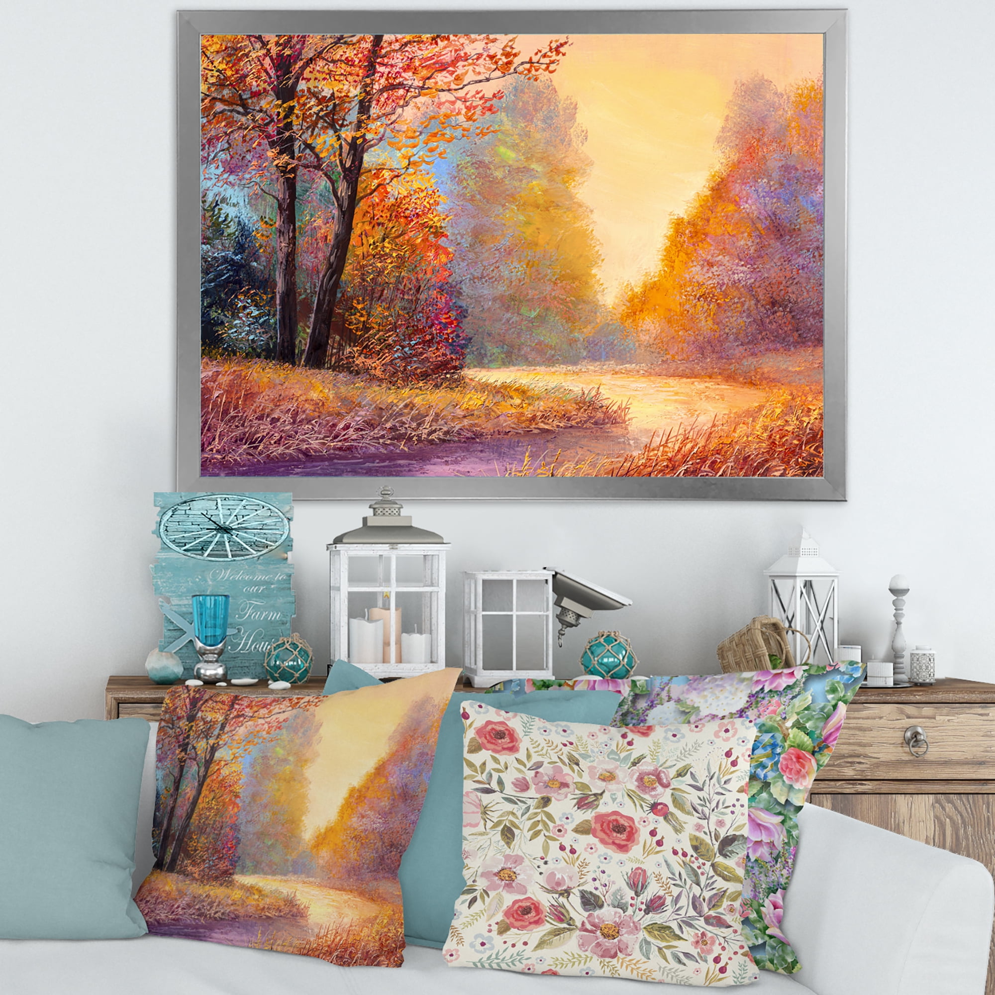 Designart 'The Autumn Forest Orange Leaves Landscape With Path' Lake House Framed Art Print