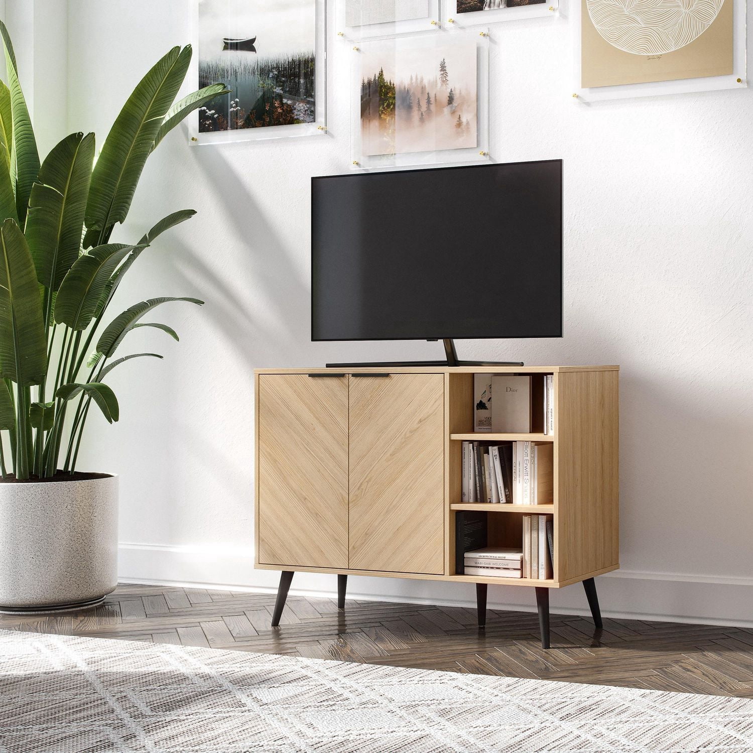 CorLiving Himari Engineered Wood Sideboard with Wood Legs, 2 Doors and 5 Shelves, Light Brown
