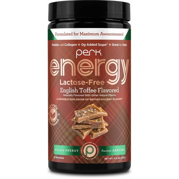 Perk Energy Lactose-Free Drink Mix (English Toffee) 18 Servings - Caffeinated Healthy Coffee Alternative with Protein, 100mg of Caffeine, Gluten-Free