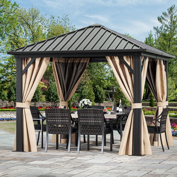Dextrus 10x10ft Hardtop Gazebo with Nettings and Curtains, Heavy Duty Galvanized Steel Outdoor Vertical Stripes Roof for Patio, Backyard, Deck, Lawns, Brown