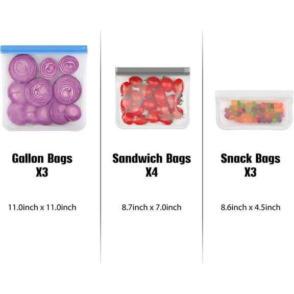 10 Pack Dishwasher Safe Reusable Ziplock Bags Silicone, Leakproof Reusable Freezer Bags, BPA Free Reusable Food Storage Bags for Lunch Marinate Food Travel - 3 Gallon 3 Snack 4 Sandwich Bags