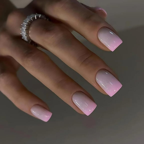 Pink Gradient Press on Nails Square Medium Fake Nails French Tip False Nails with Ombre Designs Full Cover Stick on Nails Acrylic Reusable Artificial Nails Glue on Nails for Women 24Pcs multicolor