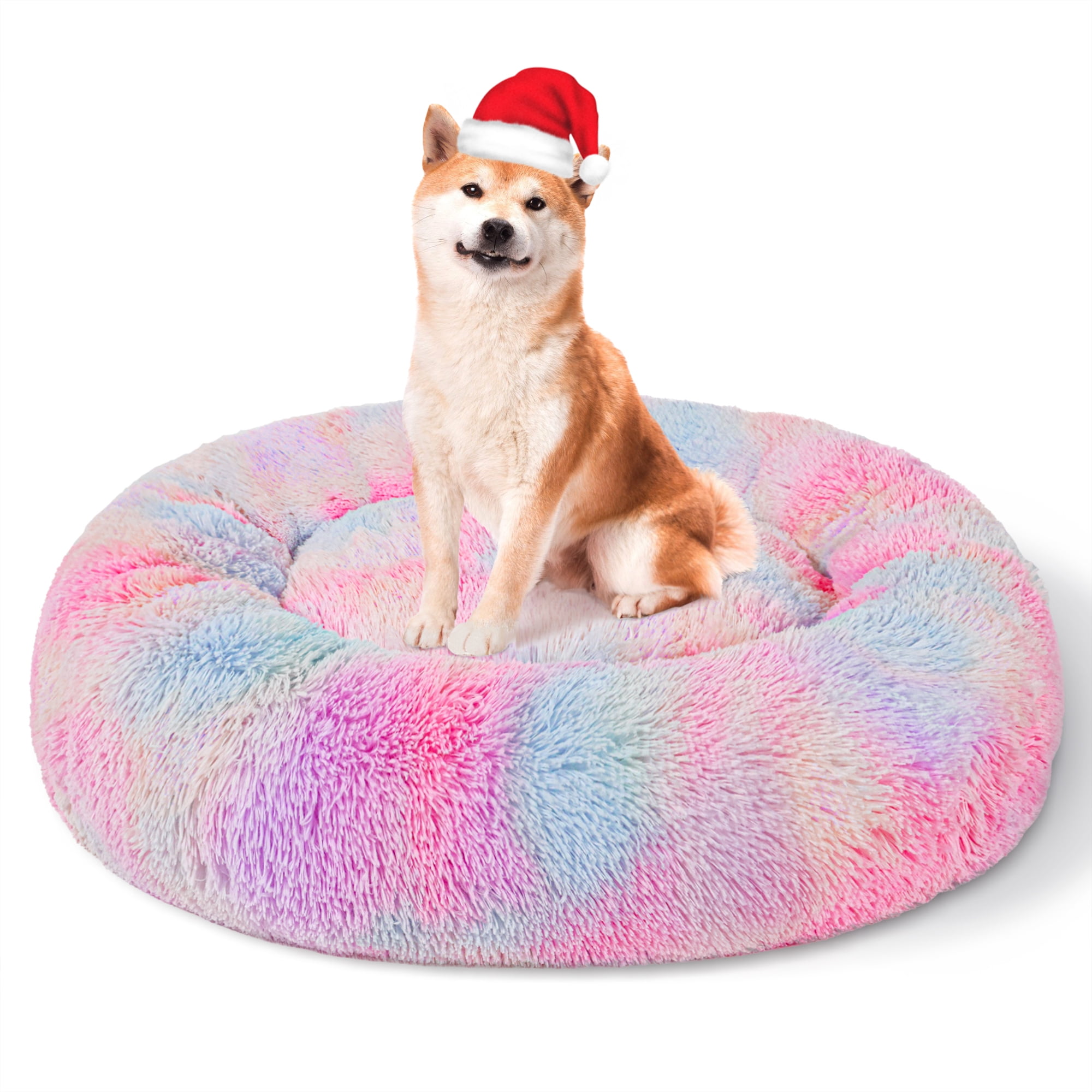 Exclusivo Mezcla Calming Donut Pet Bed for Medium Dogs 32", Anti-Anxiety Plush Cozy Warming Dog Bed, Pink Rainbow