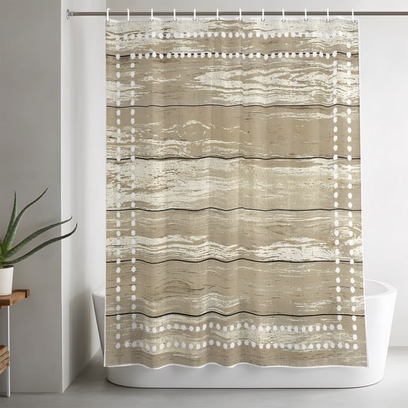 Weathered Plank Shower Curtain, Rustic Vintage Dotted Border Beige Wood Grain Waterproof Washable Bath Fabric Shower Curtains Set with 12 Hooks for Bathroom Bathtub Decoration 54x78in