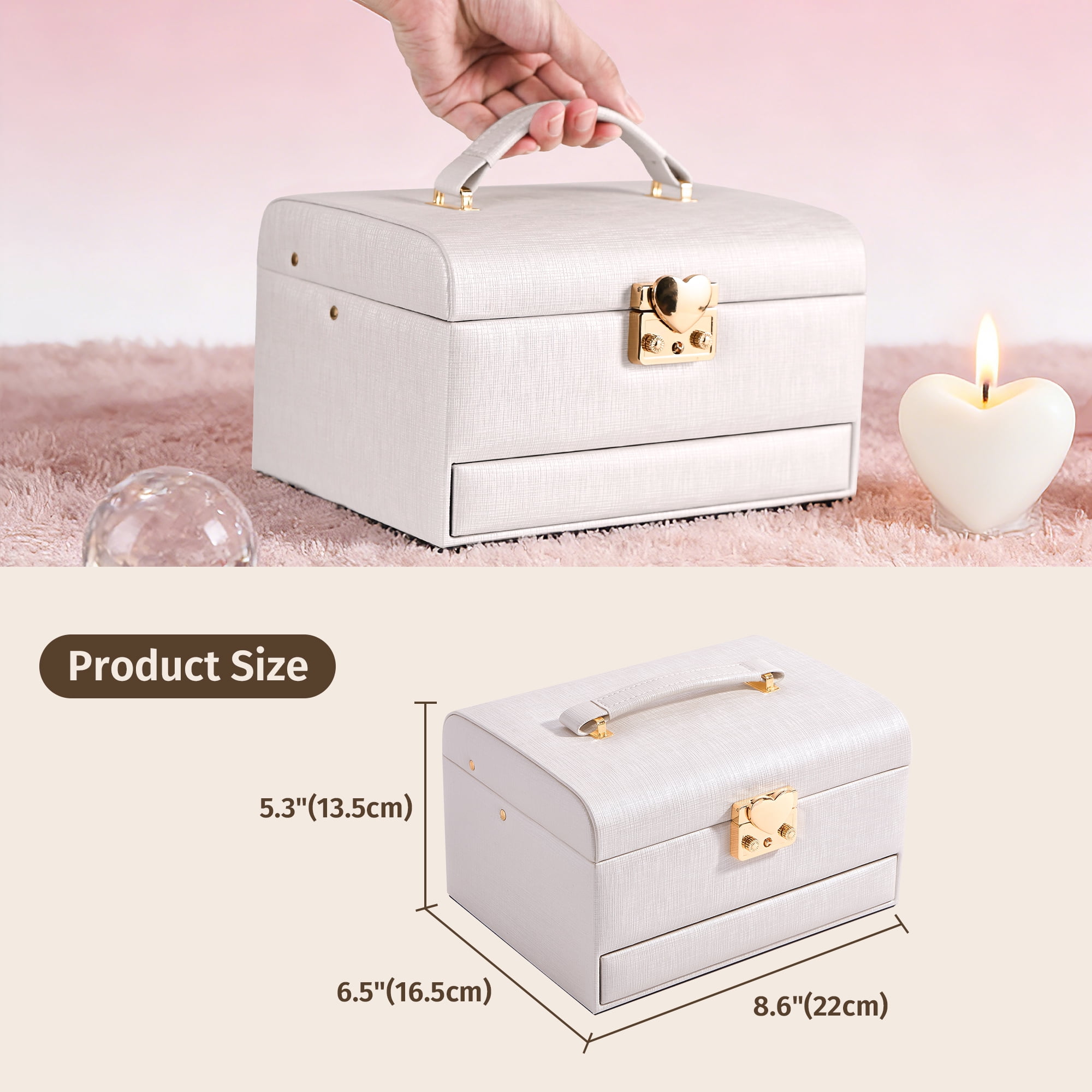 Casegrace Heart Shaped Lock Jewelry Box With Sync Open/Close Drawer, Multi-Layer Storage Case, Built-in Mirror, Portable Jewelry Organizer for Women Rings, Earrings, Necklaces, Valentine’s Day Gift