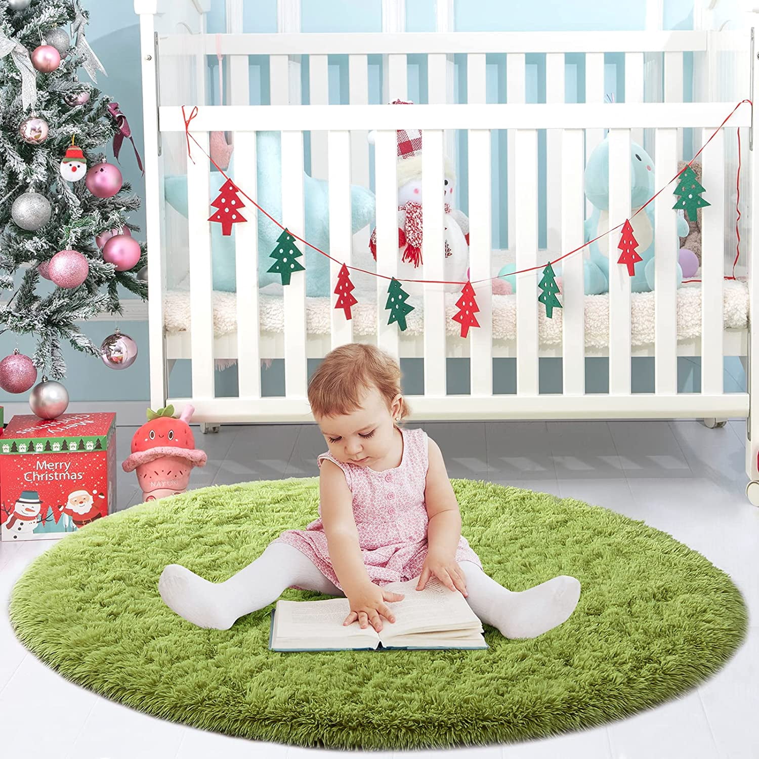 DweIke Round Rug for Bedroom,Soft Shaggy Area Rugs for Living Room Decor,Fluffy Circle Carpets for Nursery,5'x5',Grass Green