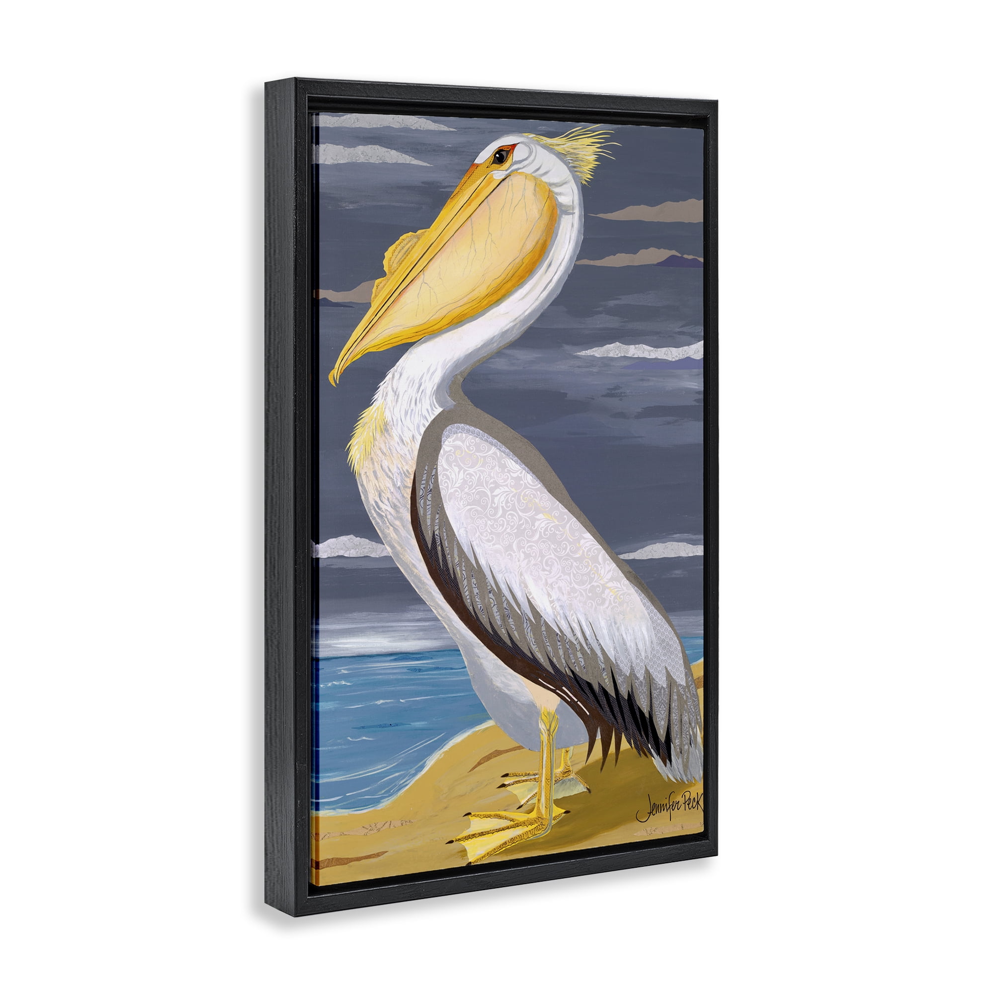 Stupell Industries White Pelican on Shore Animals & Insects Painting Black Floater Framed Canvas Art Print Wall Art, 21 x 31
