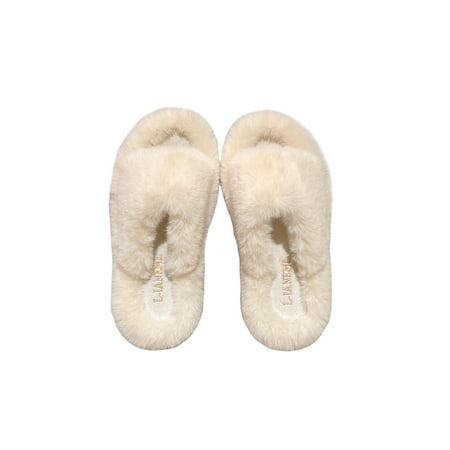 

SIMANLAN Women Wear-Resistant Flat Fuzzy Slippers Bedroom Lightweight Slip On Ladies Winter Warm Comfy Solid Furry Shoes White 8