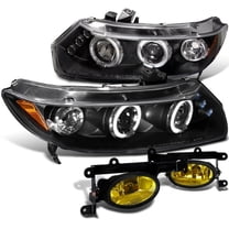 Spec-D Tuning Glossy Black Projector Headlights   Amber Fog Lights Compatible with 2006-2008 Honda Civic 2 Door Coupe Left   Right Pair Headlamps Assembly