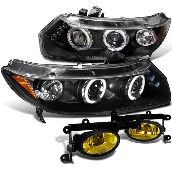 Spec-D Tuning Glossy Black Projector Headlights   Amber Fog Lights Compatible with 2006-2008 Honda Civic 2 Door Coupe Left   Right Pair Headlamps Assembly