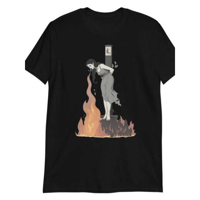 Camiseta de Halloween - Camiseta gótica de bruja ardiendo en la hoguera para hombre y mujer, negra y naranja, informal, de cuello redondo y manga corta para Halloween, fiestas temáticas y ropa informa