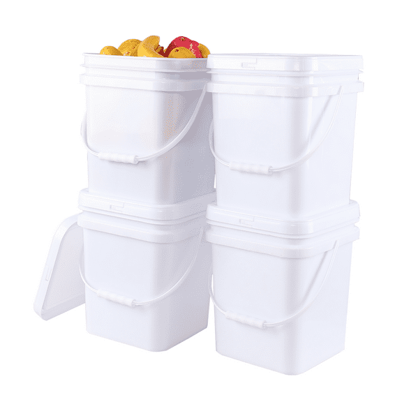 Yesdate 4 Pcs 5 Gallon Plastic Bucket with Airtight Lid, Square Food Plastic Bucket Pail, Heavy Duty Reusable Water Bucket with Handle