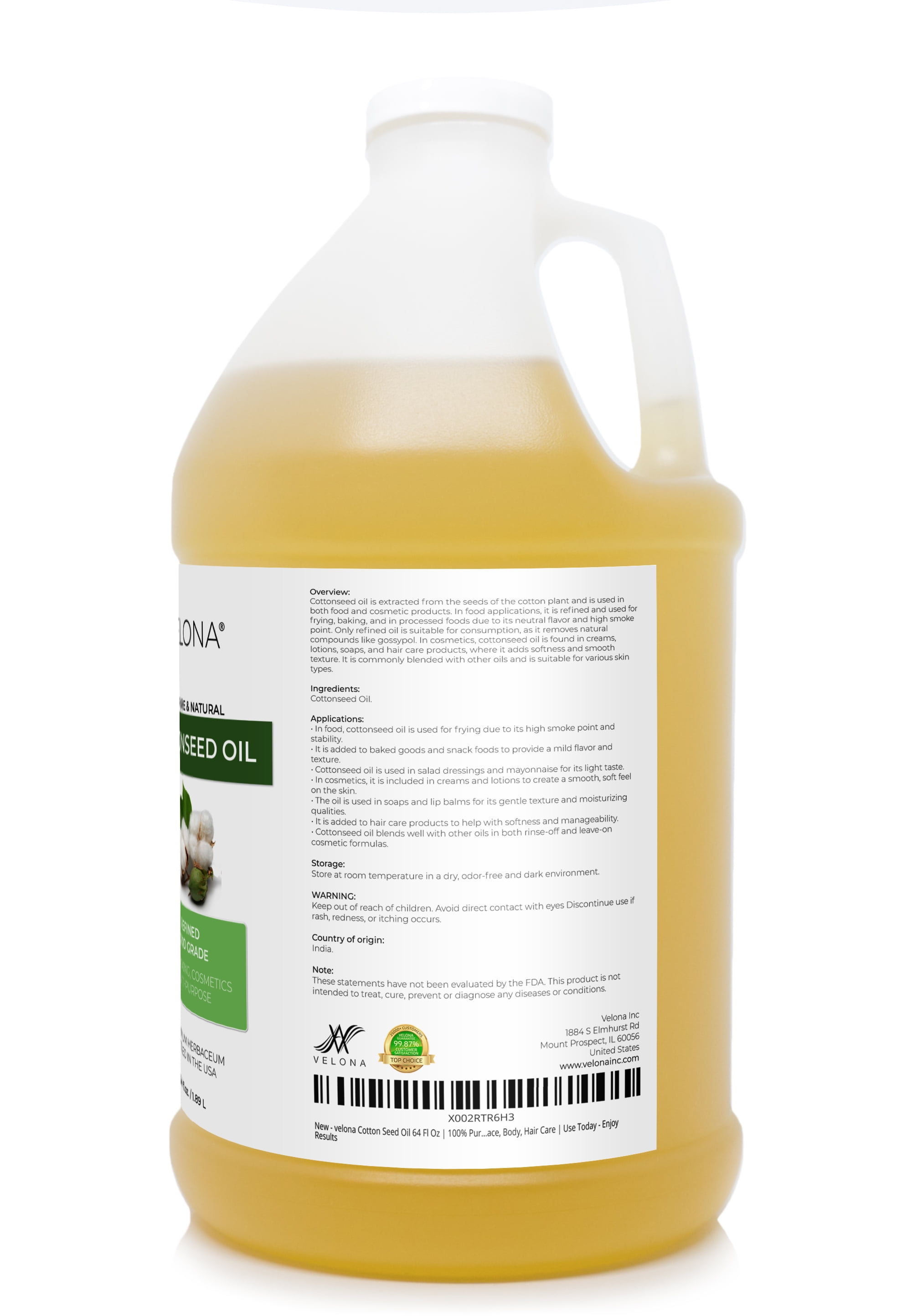 Velona Cottonseed Oil - 64 oz | 100% Pure and Natural Carrier Oil | Refined, Cold pressed | Cooking, Skin, Face, Body, Hair Care