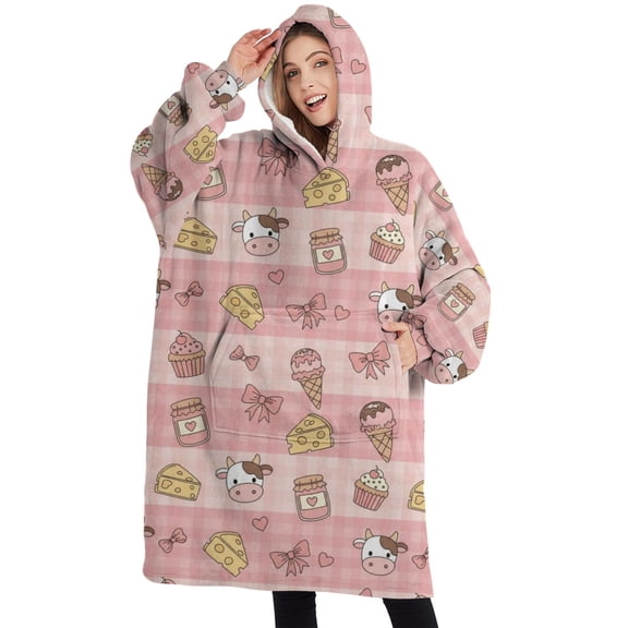 Oversized Wearable Blanket Hoodie,Pink Cow Dessert Bow Pattern Sherpa Blanket Hoodie with Super Pockets,Super Warm Fuzzy Pullover for Women & Men