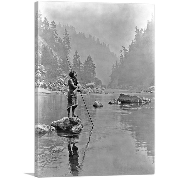ARTCANVAS Hupa Man With Spear Standing On a Rock Midstream Canvas Art Print by Edward S. Curtis - Size: 40" x 26" (1.50" Deep)