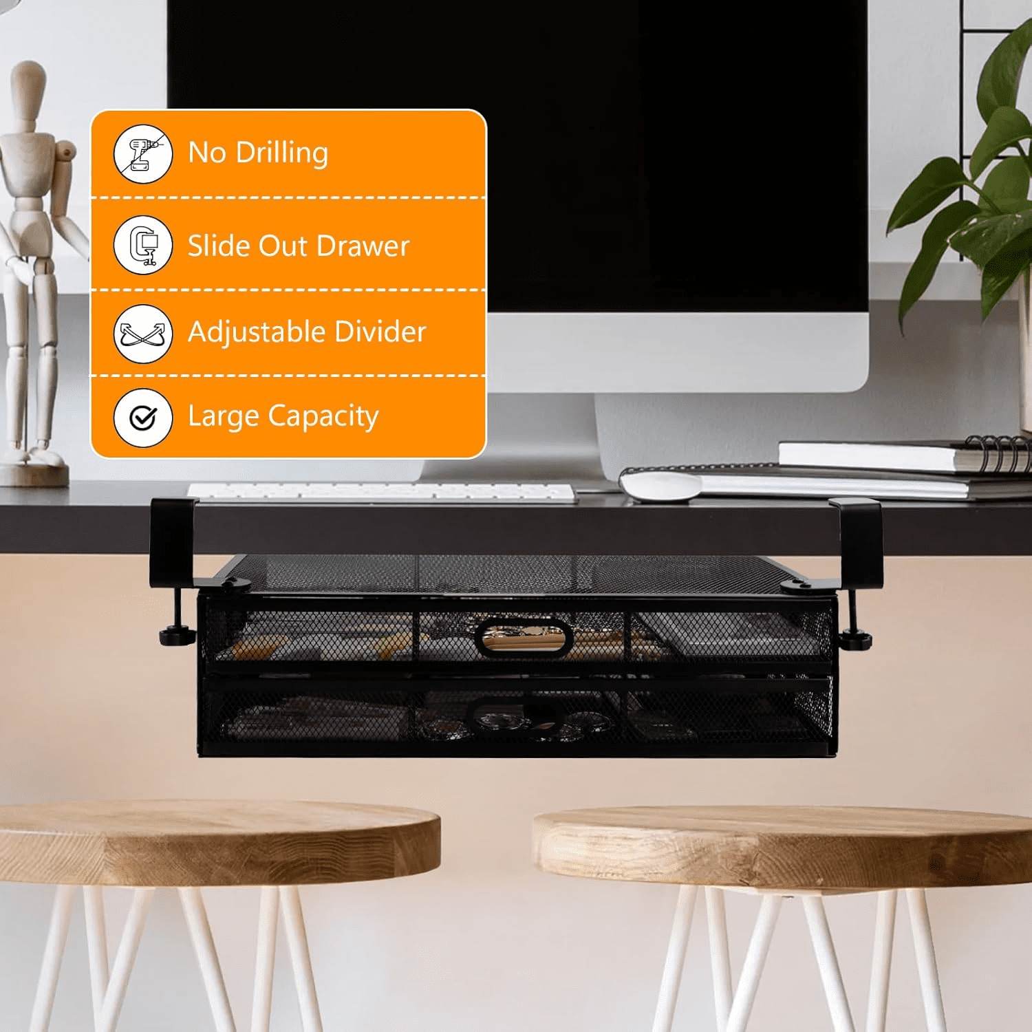 RETON Under Desk Drawers for Organization,Hanging Desktop Organizer,Drawer Organiser,Under-desk Storage Drawer for Home Office