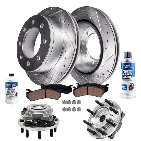 Detroit Axle - Front Wheel Bearing Hubs Brake Kit for 2014-2018 Ram 2500, 2013-2018 Ram 3500, Wheel Bearing Hubs Drilled & Slotted Disc Brake Rotors Ceramic Brake Pads 2015 2016 2017 Replacement