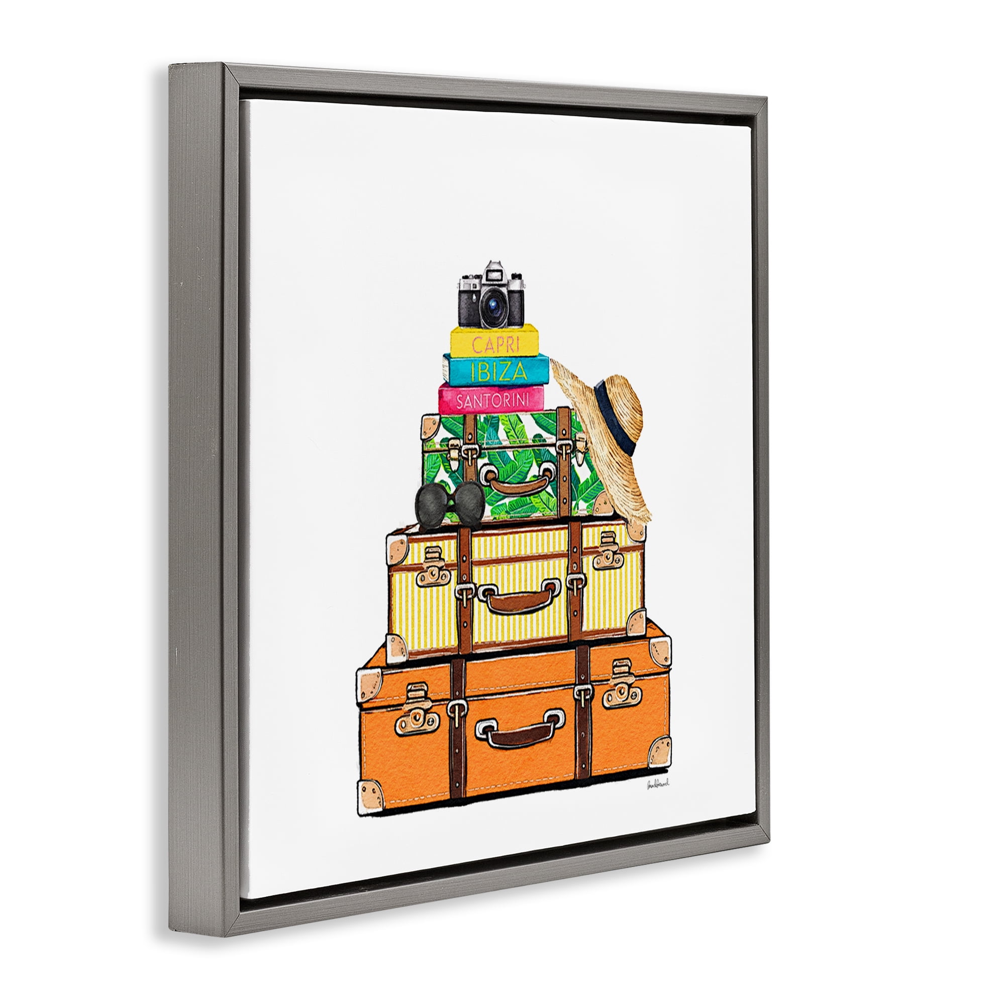 Stupell Industries Travel Suitcases & Camera Gray Framed Floater Canvas Wall Art, design by Amanda Greenwood