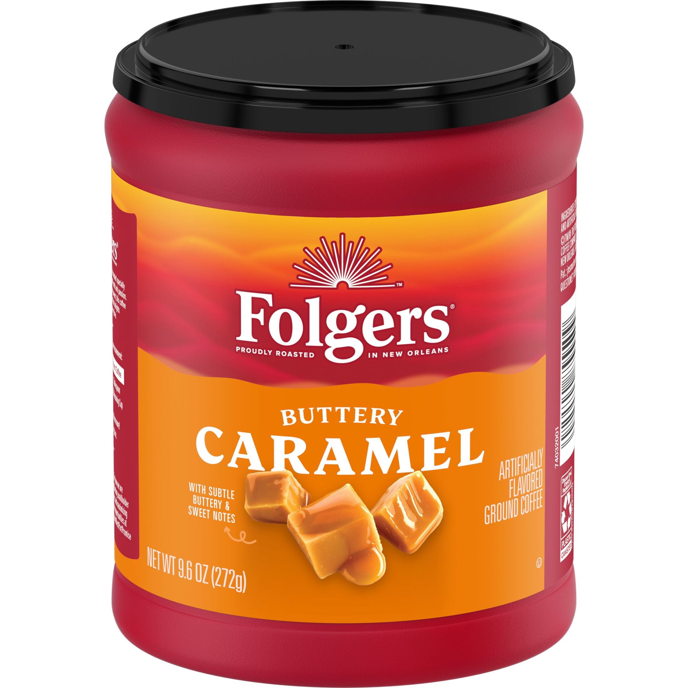 (6 pack) Folgers Buttery Caramel Artificially Flavored Ground Coffee, Medium Roast, 9.6 oz Canister