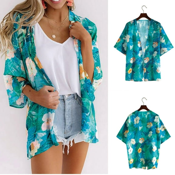 SDJMa Women Cardigan Coat Casual Shirt Printing Short Sleeve Tops Mid-Length Blouse