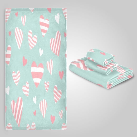 3 Pack Towel Set - Bath Towel, Hand Towel & Washcloth for Daily Household Use Joy Heart Stripes Pattern