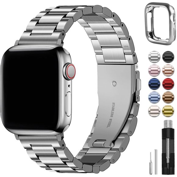 Correa de reloj Fullmosa compatible con Apple, 42 mm, plata y acero inoxidable