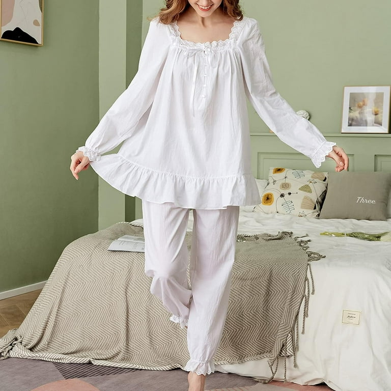 HLSOHJP Women s Cotton Pajama Set 2 Piece Vintage Lounge Set Long Sleeve Top Pants Pjs Lace Frill Victorian Sleepwear Walmart