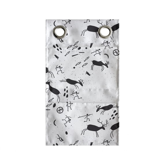 Prehistoric Art Hanging Pocket Organizer, Monochrome Motifs of Reindeer Fish Warriors Pattern, Printed Polyester Storage Bag with Pockets, 9" x 27", Charcoal Grey and White