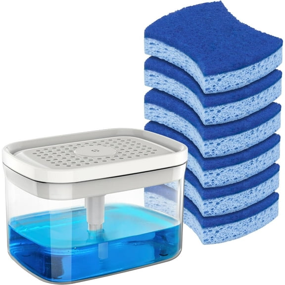 MR.Siga Dish Soap Dispenser with Sponge Holder ,30 oz Capacity and 6 Pack Non Scratch Sponges,Blue