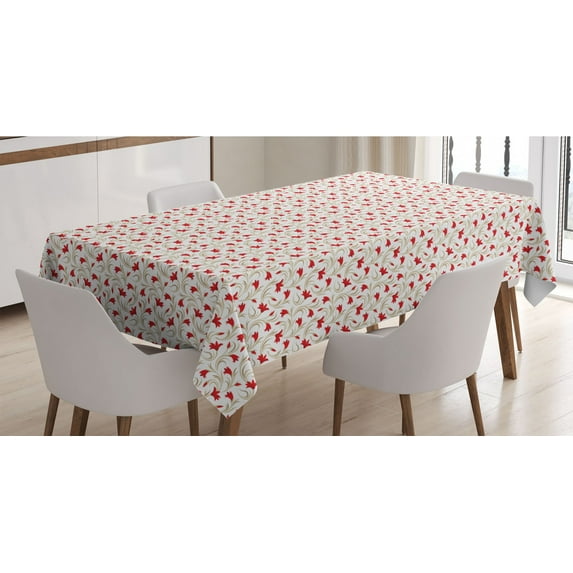 Floral Tablecloth, Red Gladiolus Pattern with Curved and Swirled Leaves Abstract Foliage Design, Rectangle Satin Table Cover for Dining Room and Kitchen, 60" X 84", Vermilion Beige, by Ambesonne