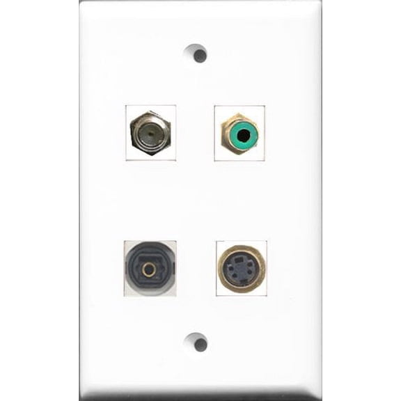 RiteAV 1 Port RCA Green and 1 Port Coax Cable TV- F-Type and 1 Port S-Video and 1 Port Toslink Wall Plate