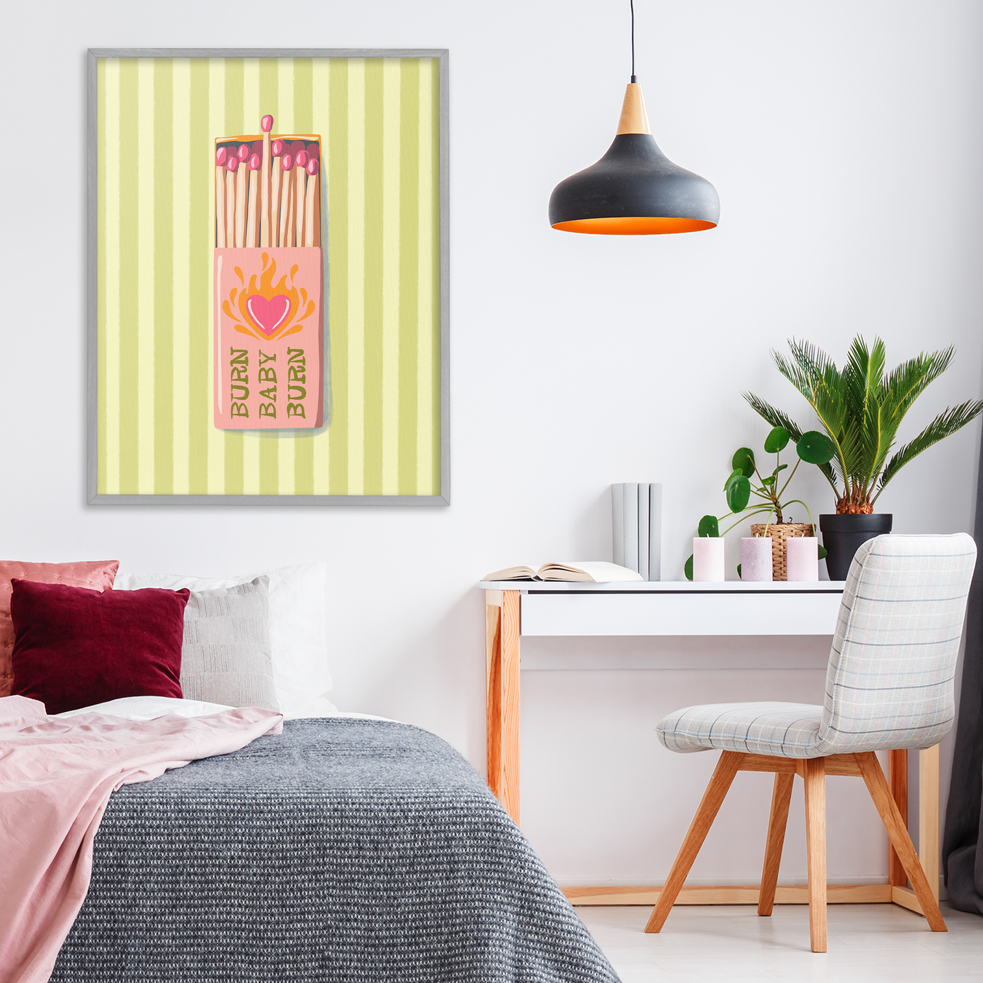 Burn Baby Matches Gray Framed Giclee Art, design by Elyse Anastacia
