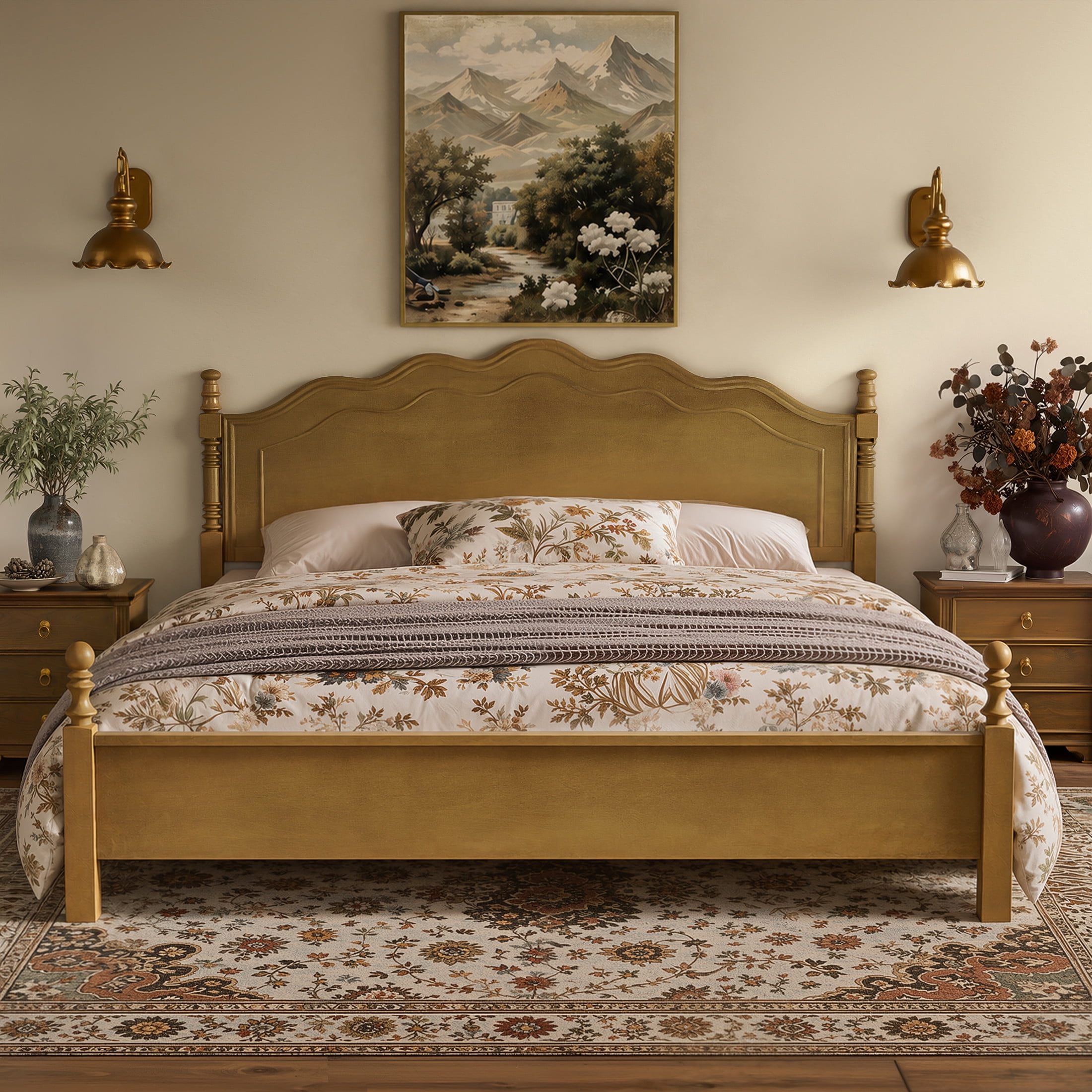 Noble House King Size Wood Platform Bed with Curved Headboard, Spindle Posts, Dark Oak