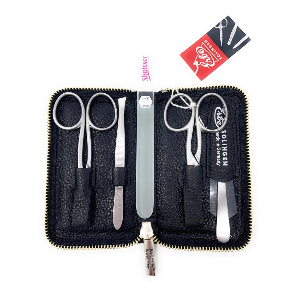 Shpitser Solingen 4 pcs Surgical Stainless Steel German Manicure Set Grooming Kit In Luxury Genuine Leather Case Made in Solingen Germany With BONUS: SHPITSER Crystal glass Nail File