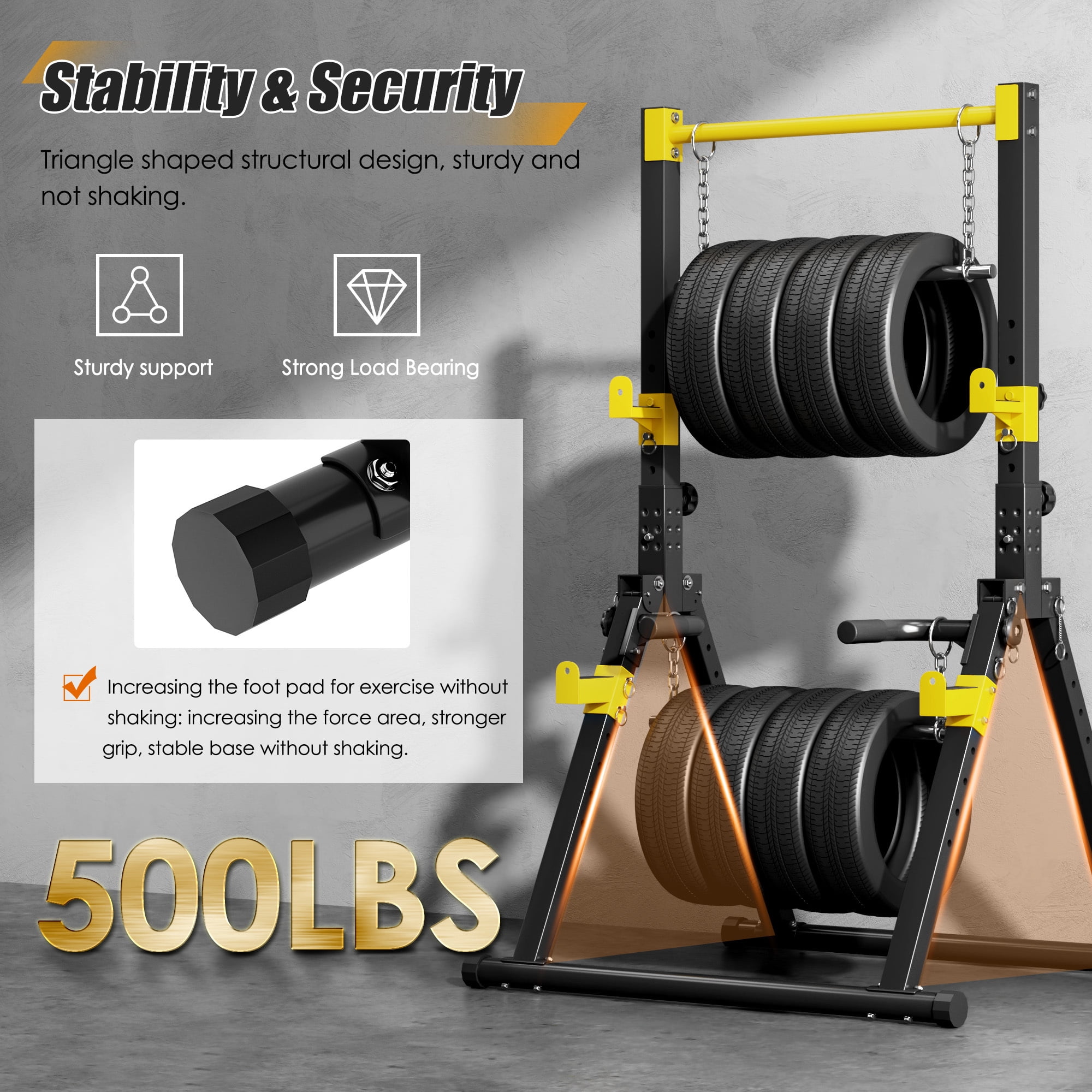 Free Standing Foldable Pull Up Bar, Triangular Power Tower Workout Dip Station for Home, Height Adjustable Pull Up Bar Stand Dip Bar Strength Training Workout Equipment, Support 500lbs,Black + Yellow