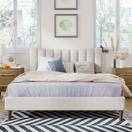 CLEARANCE! Upholstered Platform Bed Frame with Vertical Channel Tufted Headboard  No Box Spring Needed  Queen Cream