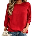 thumbnail image 3 of Crewneck Sweatshirts Women Dqueduo Women's Solid Color Loose 3/4 Sleeve Round Neck Sweatshirt – Casual All-Season Top Red S, 3 of 6