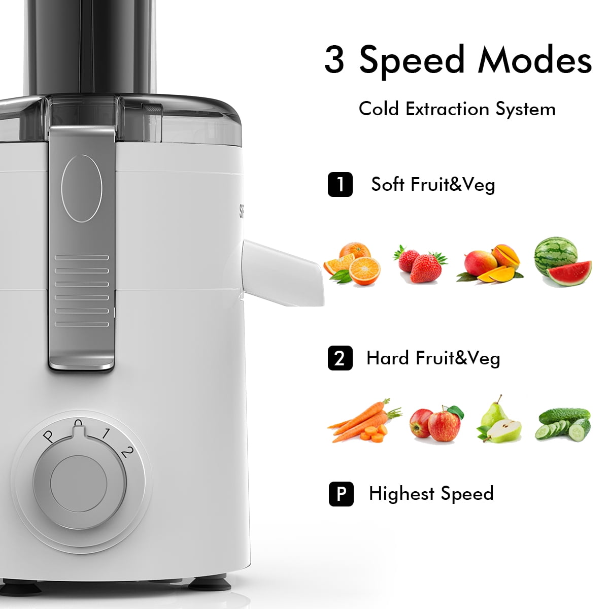 SiFENE Centrifugal Juicer Machine, 350W 2-Speed Juice Extractor with 2.5-Inch Wide Chute, Easy Clean, High Juice Yield, Compact Fruit & Vegetable Juicer, Home Kitchen, White
