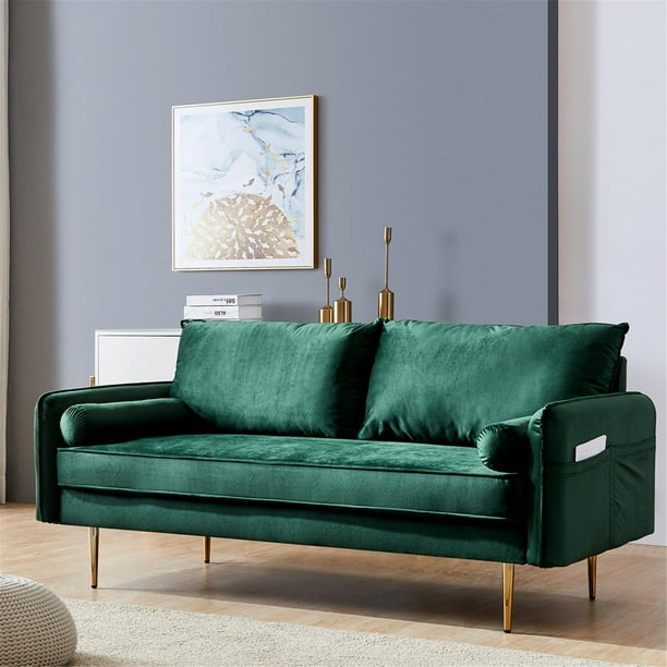 Green Velvet Fabric Sofa Couch With Pillows And Pocket, 71 Inch Wide Mid  Century Modern Upholstered Living Room Loveseat Sofa With Side Storage  Fashion Golden Legs For Small Spaces And Office -
