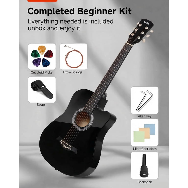 Moukey 38" Acoustic Guitar Beginner Kit, Black photo 3