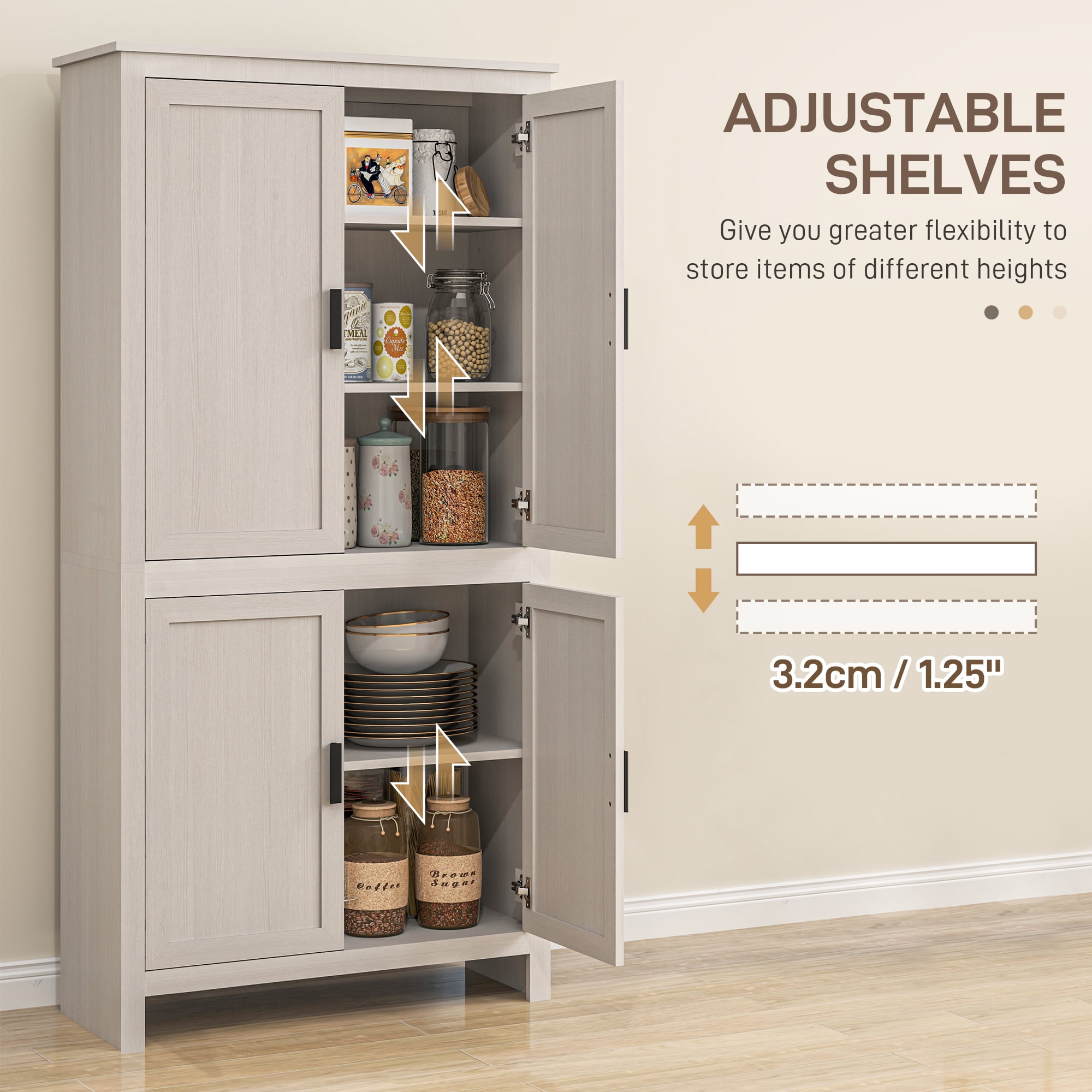 HOMCOM 64" Freestanding Kitchen Pantry Food Storage Cabinet w/ Shelves, White