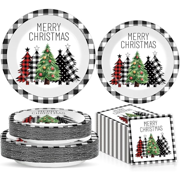 200Pcs Christmas Buffalo Plaid Tree Paper Plates and Napkins Black White Gingham Table Decoration Merry Christmas Disposable Dinnerware Xmas Trees Tableware for Xmas Holiday Birthd