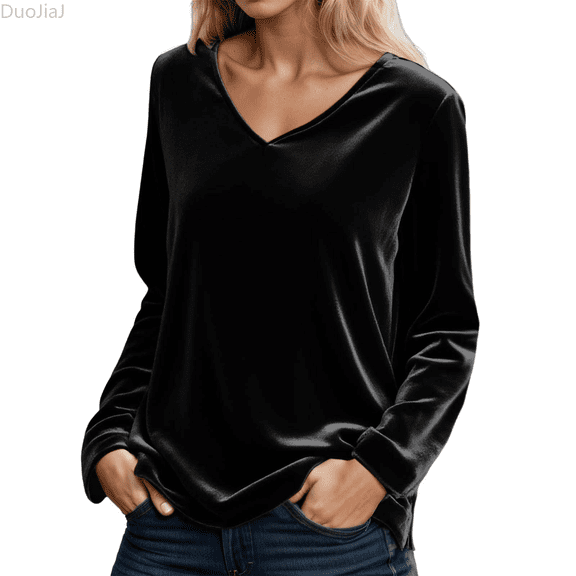 Duojiaj Solid Color Autumn And Winter Velvet Long Sleeved V Neck Loose T Shirt Top Women's Blouses