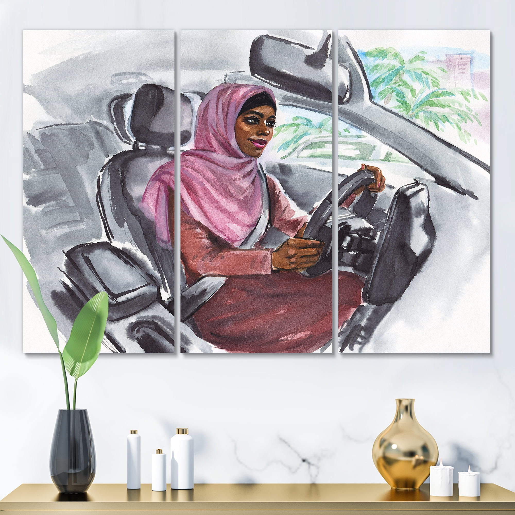 Arabian Lady Driving A Car III 28 in x 36 in Painting Canvas Art Print, by Designart
