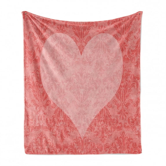 Coral Soft Flannel Fleece Throw Blanket, Big Pink Heart Shape on Damask Pattern Faded Old Traditional Vintage, Cozy Plush for Indoor and Outdoor Use, 50" x 70", Coral Pale Pink, by Ambesonne